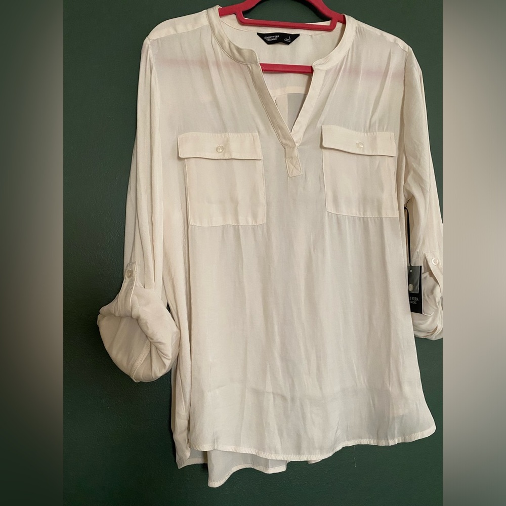 NWT- Simply Vera- roll tab popover blouse split neck (L) Vera Wang ivory white - Picture 5 of 12